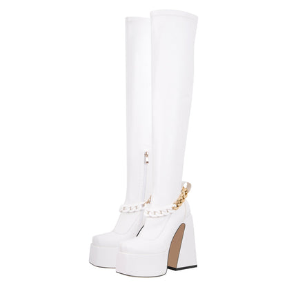 Square Toe Metal Chain Chunky Thigh Boots - Onlymaker