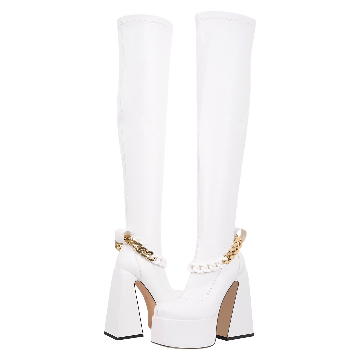Square Toe Metal Chain Chunky Thigh Boots - Onlymaker