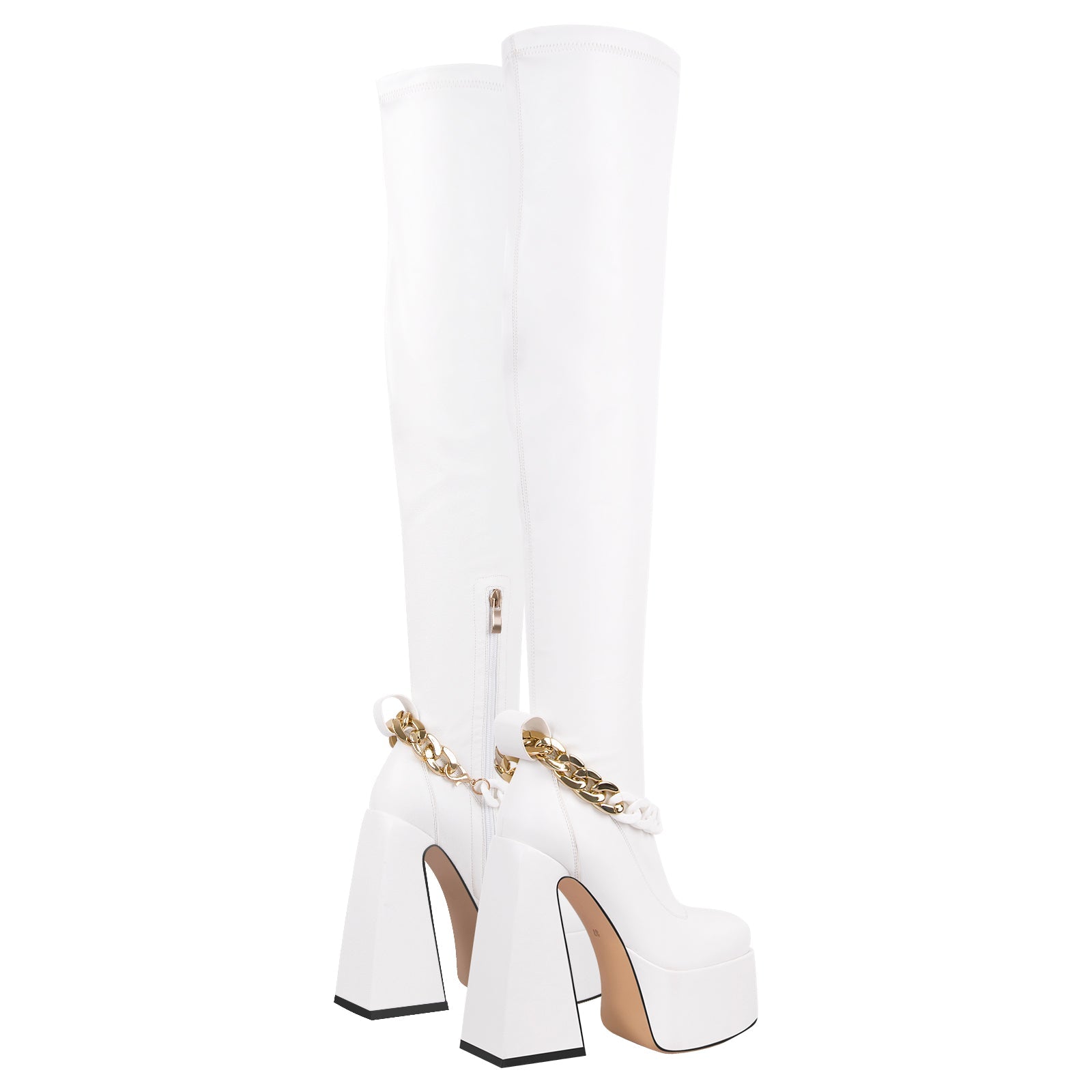 Square Toe Metal Chain Chunky Thigh Boots - Onlymaker