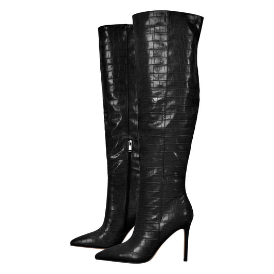 Stone Print Pointed Toe Stiletto Thigh High Boots - Onlymaker