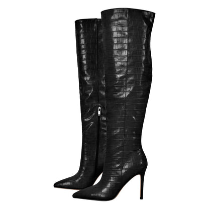 Stone Print Pointed Toe Stiletto Thigh High Boots - Onlymaker
