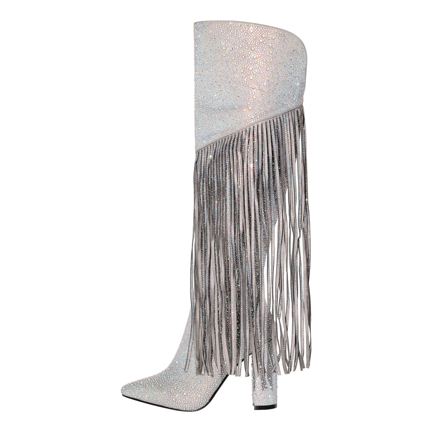 Pointed Toe Rhinestone Tassels Over The Knee Boots - Onlymaker