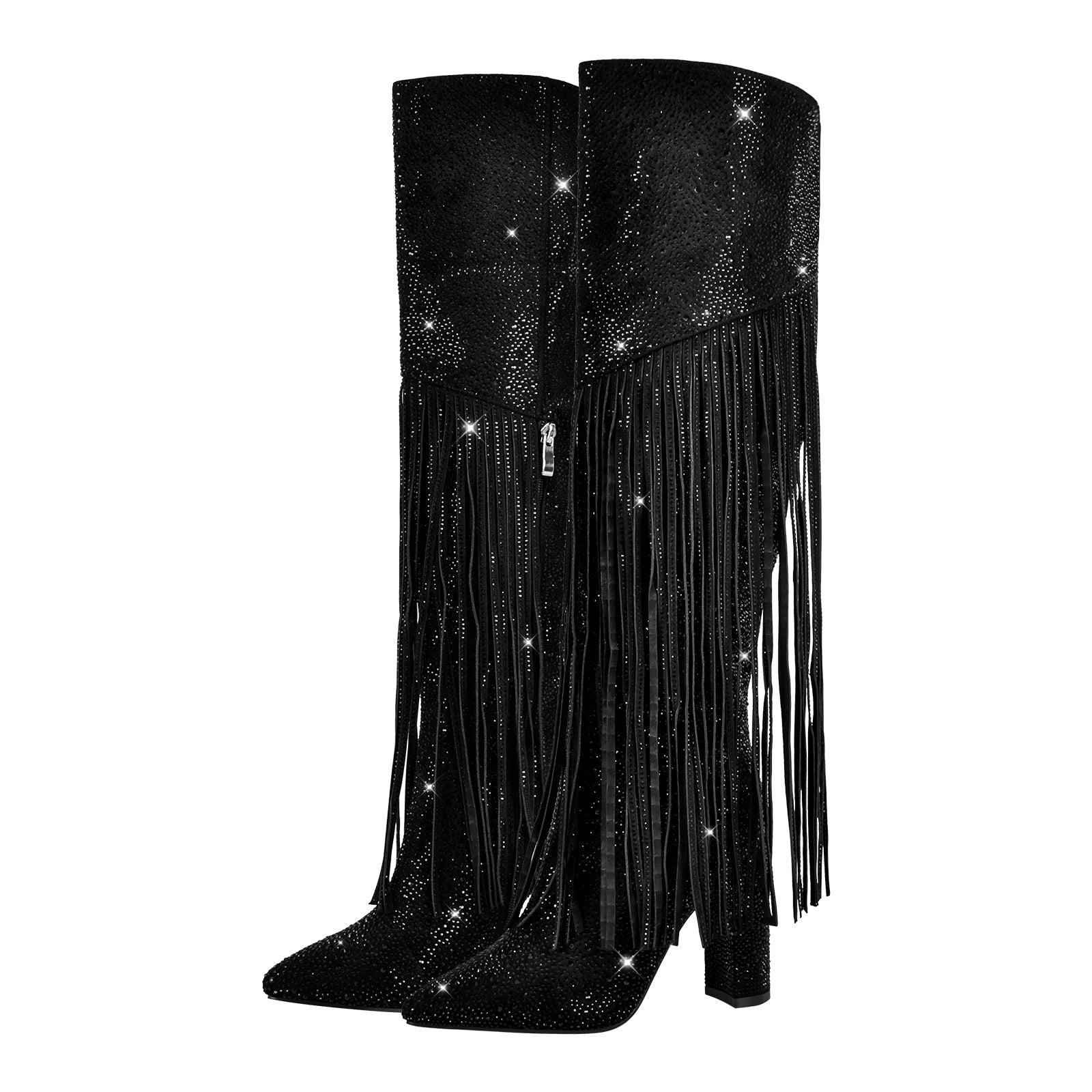 Pointed Toe Rhinestone Tassels Over The Knee Boots - Onlymaker