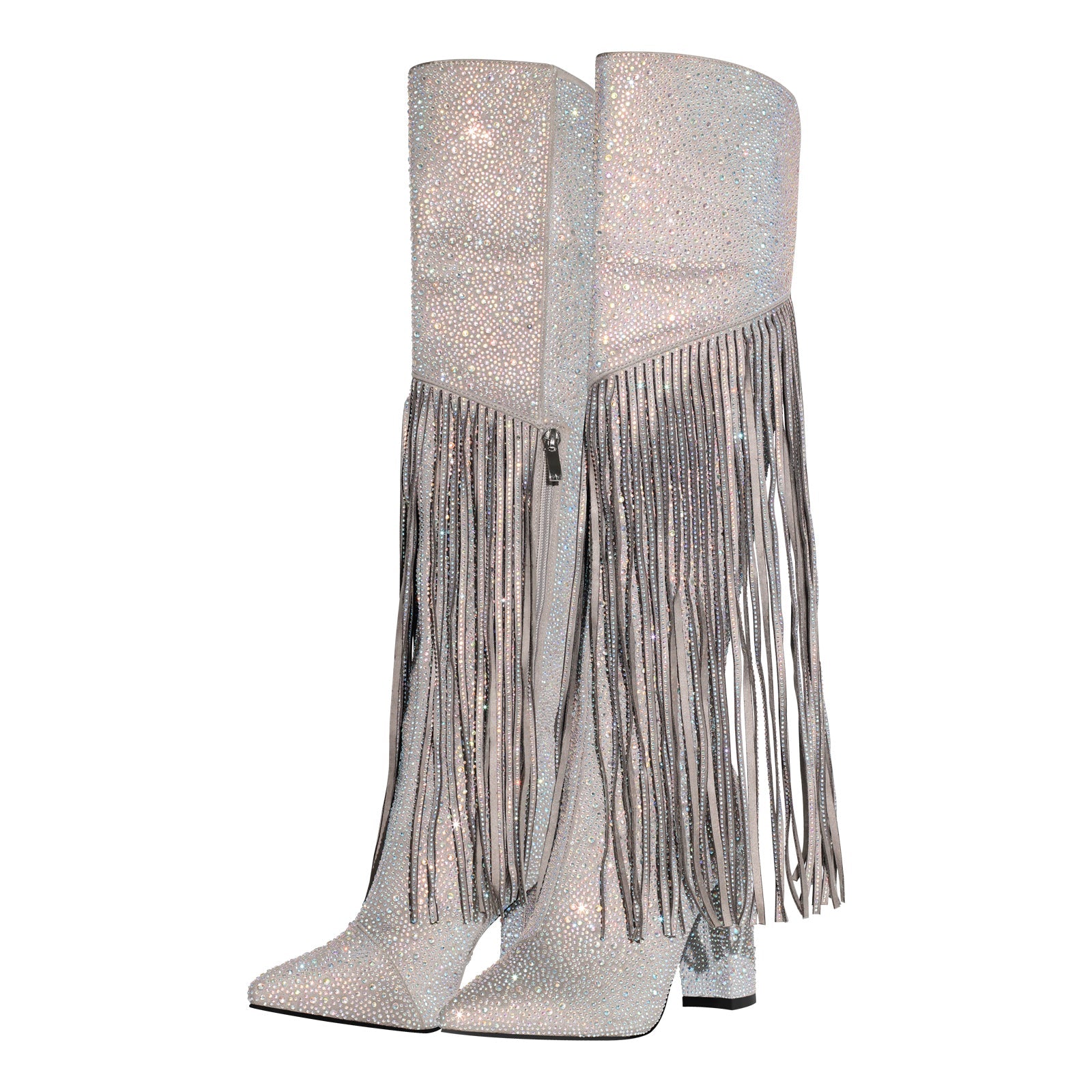 Pointed Toe Rhinestone Tassels Over The Knee Boots - Onlymaker