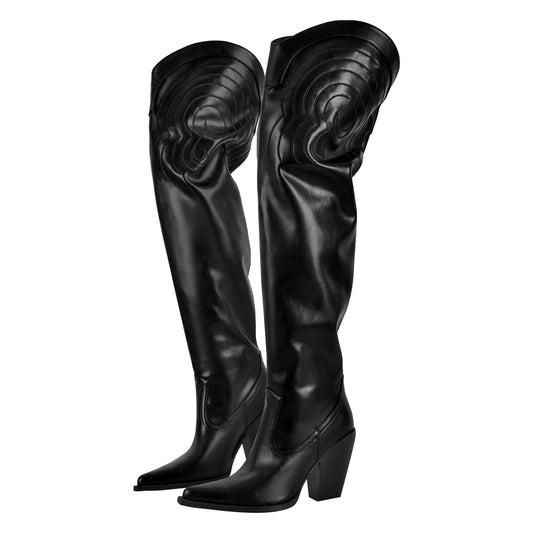 Chunky Heel Over The Knee Western Boots - Onlymaker