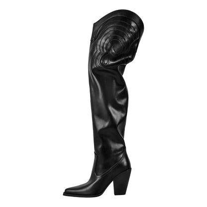 Chunky Heel Over The Knee Western Boots - Onlymaker