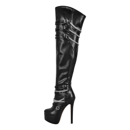 Chain Round Toe Platform Stilettos Over The Knee Boots - Onlymaker