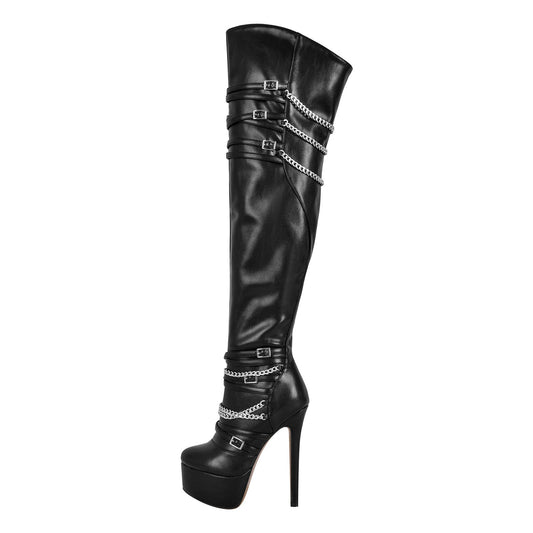 Chain Round Toe Platform Stilettos Over The Knee Boots - Onlymaker