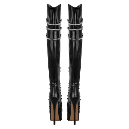 Chain Round Toe Platform Stilettos Over The Knee Boots - Onlymaker