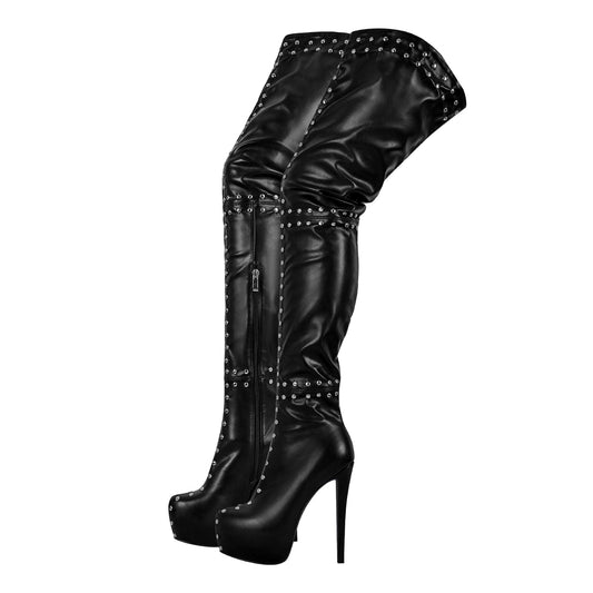 Black Platform Rivets Over The Knee Boots - Onlymaker