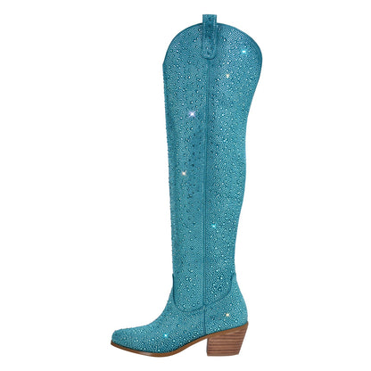 Chunky Heels Rhinestone Over The Knee Boots - Onlymaker