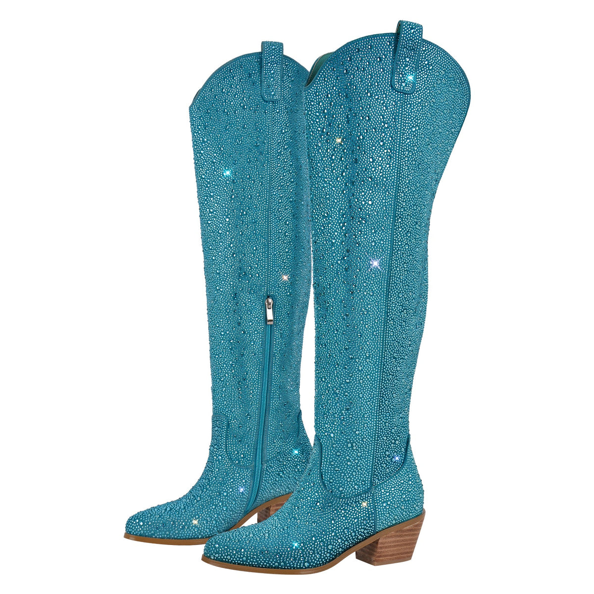 Chunky Heels Rhinestone Over The Knee Boots - Onlymaker