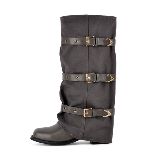 Square Toe Buckle Straps Canvas Knee High Boots - Onlymaker