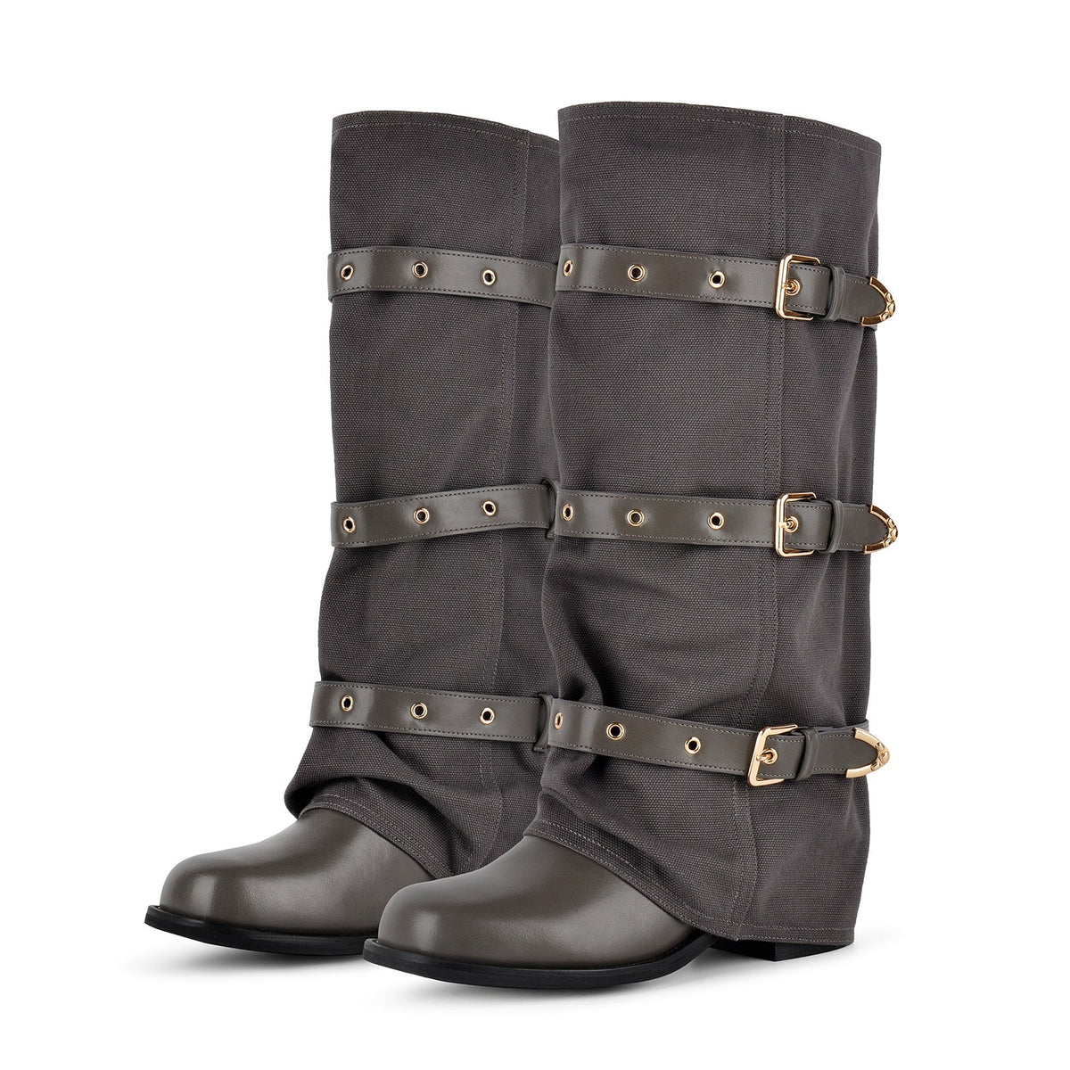 Square Toe Buckle Straps Canvas Knee High Boots - Onlymaker