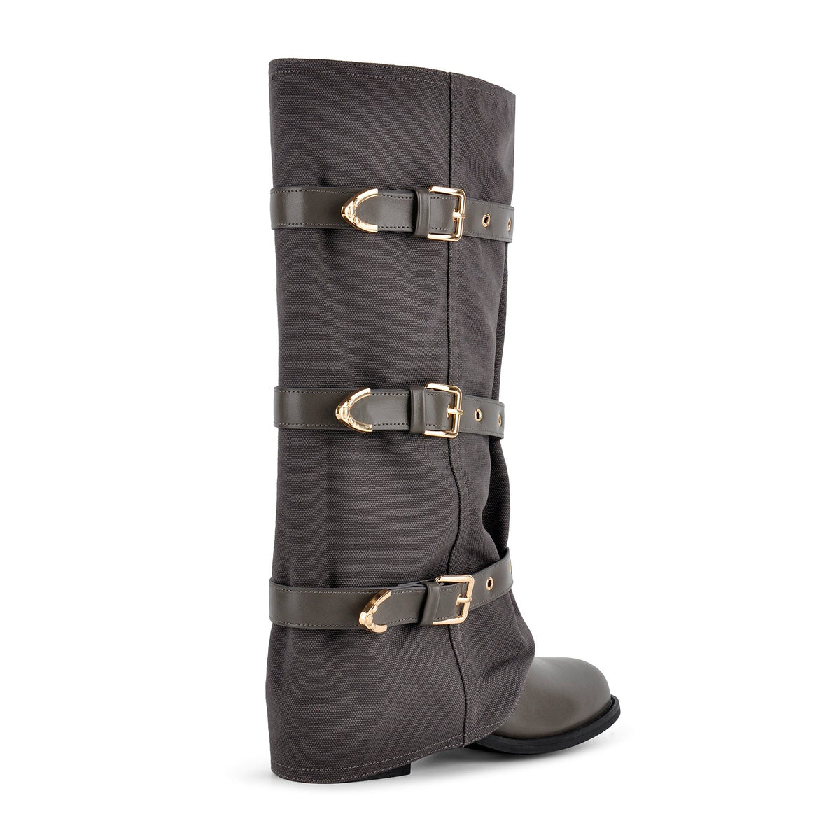Square Toe Buckle Straps Canvas Knee High Boots - Onlymaker