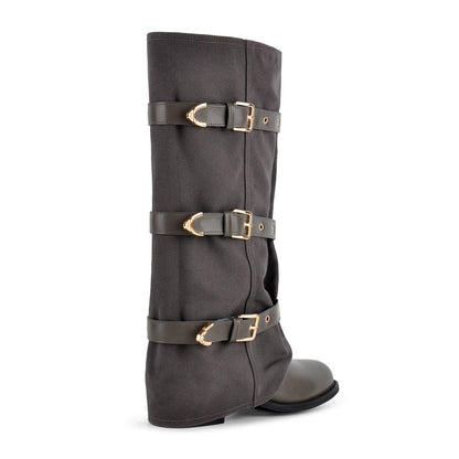 Square Toe Buckle Straps Canvas Knee High Boots - Onlymaker
