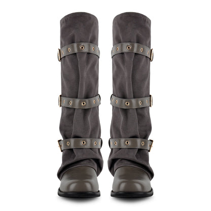 Square Toe Buckle Straps Canvas Knee High Boots - Onlymaker