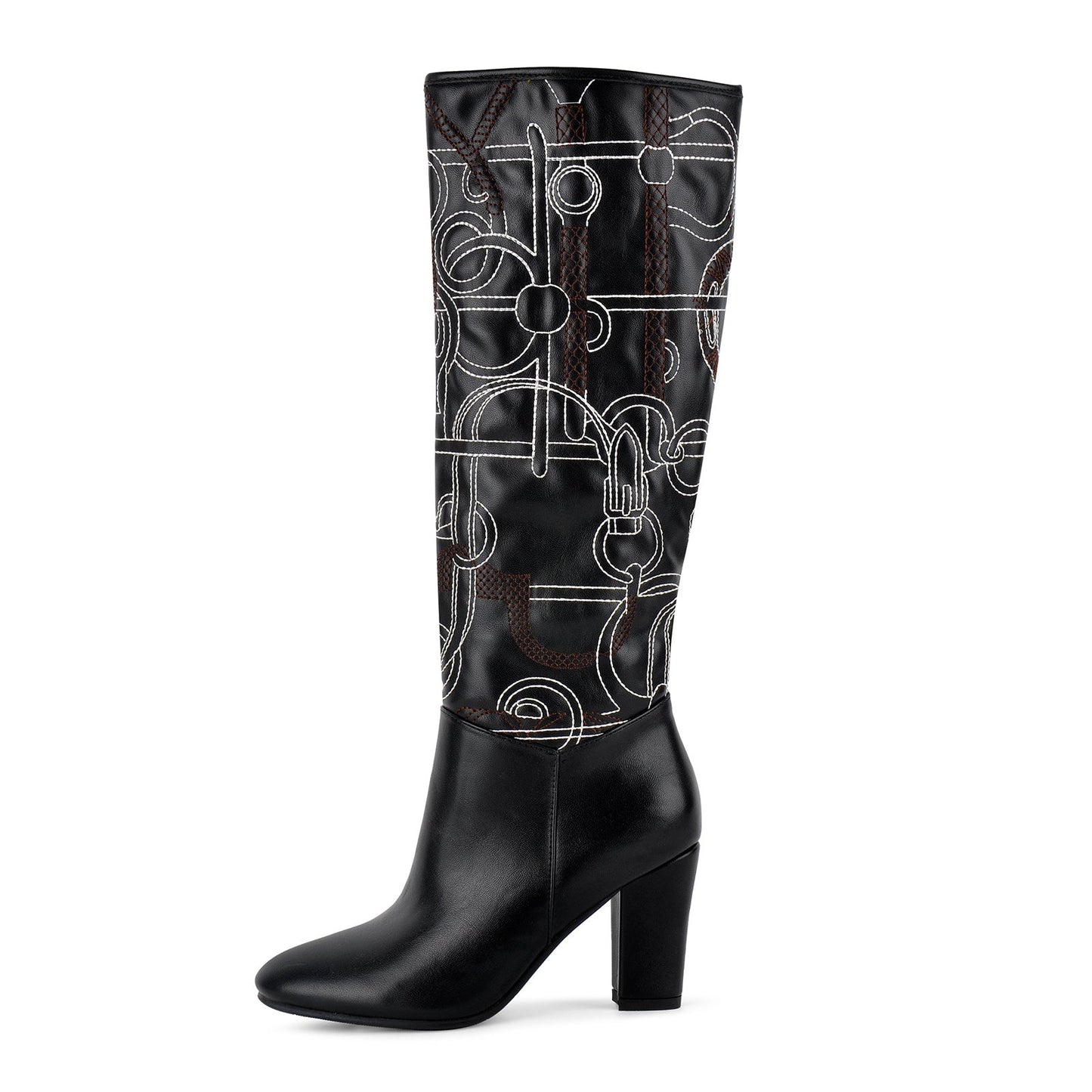 Round Toe Embroidery Chunky Heel Knee High Boots - Onlymaker