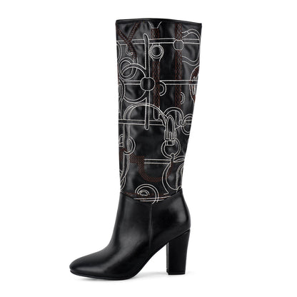 Round Toe Embroidery Chunky Heel Knee High Boots - Onlymaker