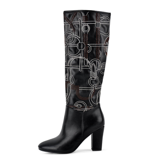 Round Toe Embroidery Chunky Heel Knee High Boots - Onlymaker