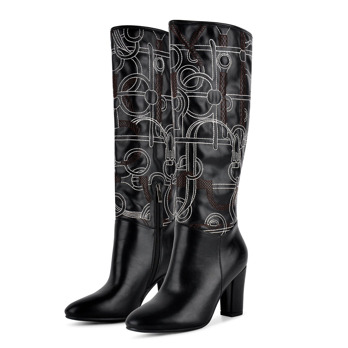 Round Toe Embroidery Chunky Heel Knee High Boots - Onlymaker