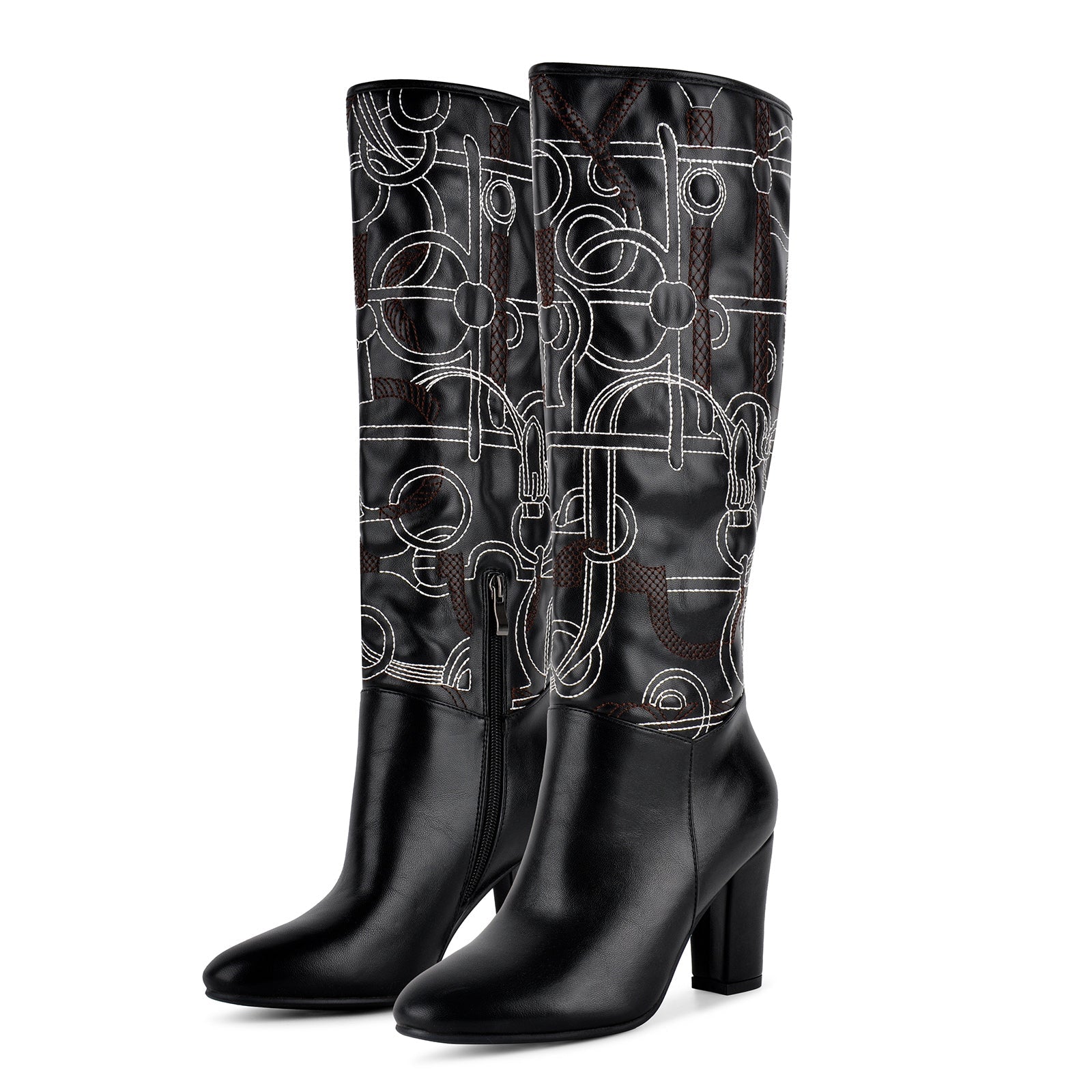 Round Toe Embroidery Chunky Heel Knee High Boots - Onlymaker