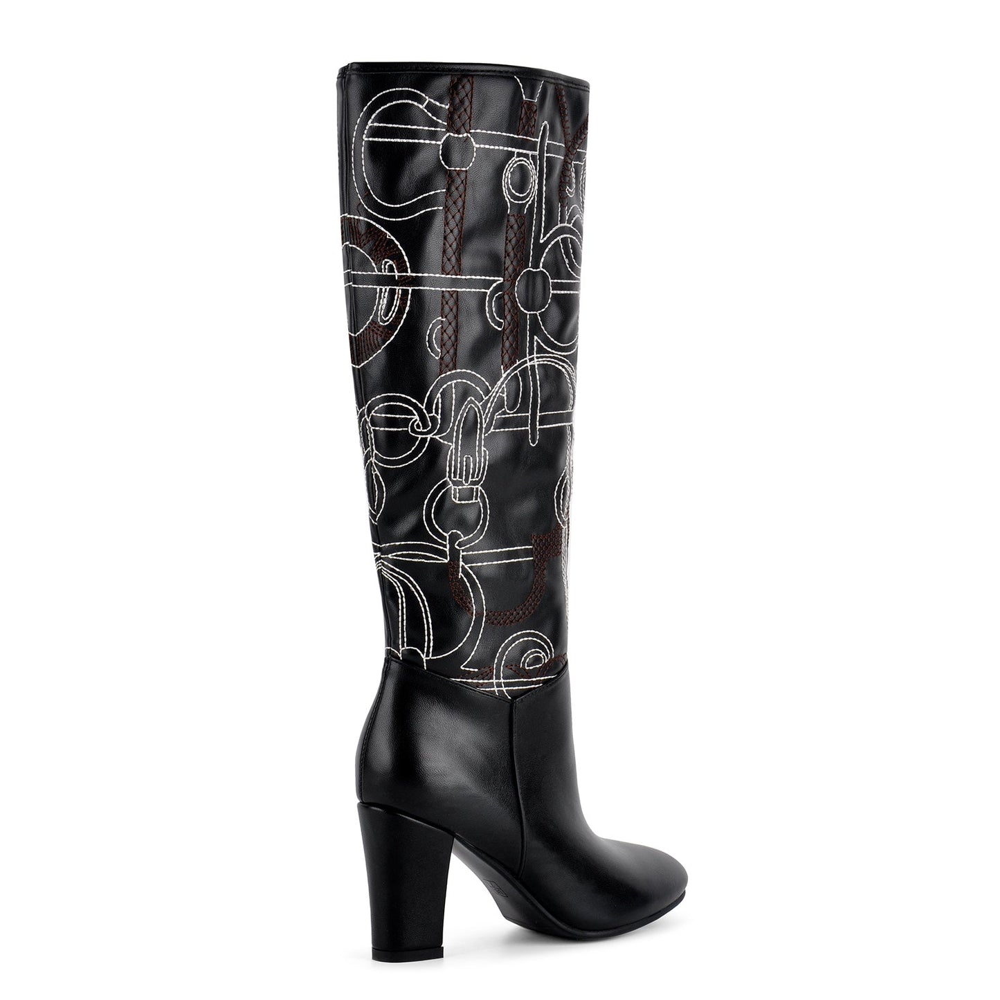 Round Toe Embroidery Chunky Heel Knee High Boots - Onlymaker