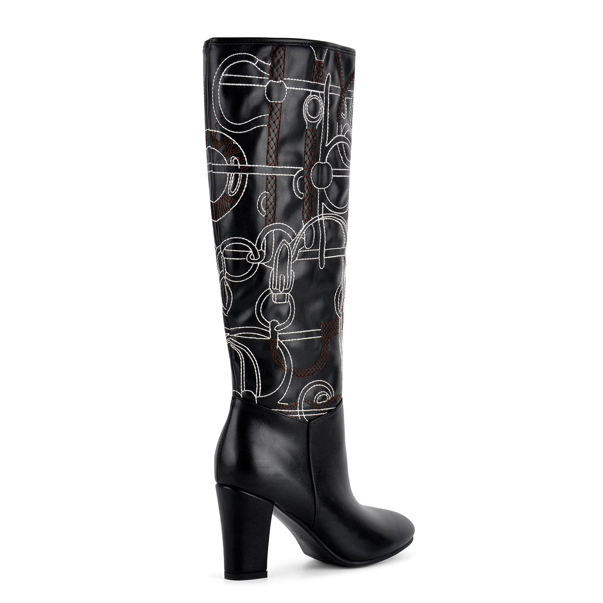 Round Toe Embroidery Chunky Heel Knee High Boots - Onlymaker