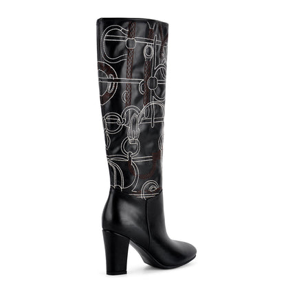 Round Toe Embroidery Chunky Heel Knee High Boots - Onlymaker