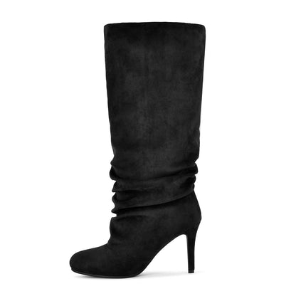 Suede Round Toe Ruched Stiletto Knee High Boots - Onlymaker