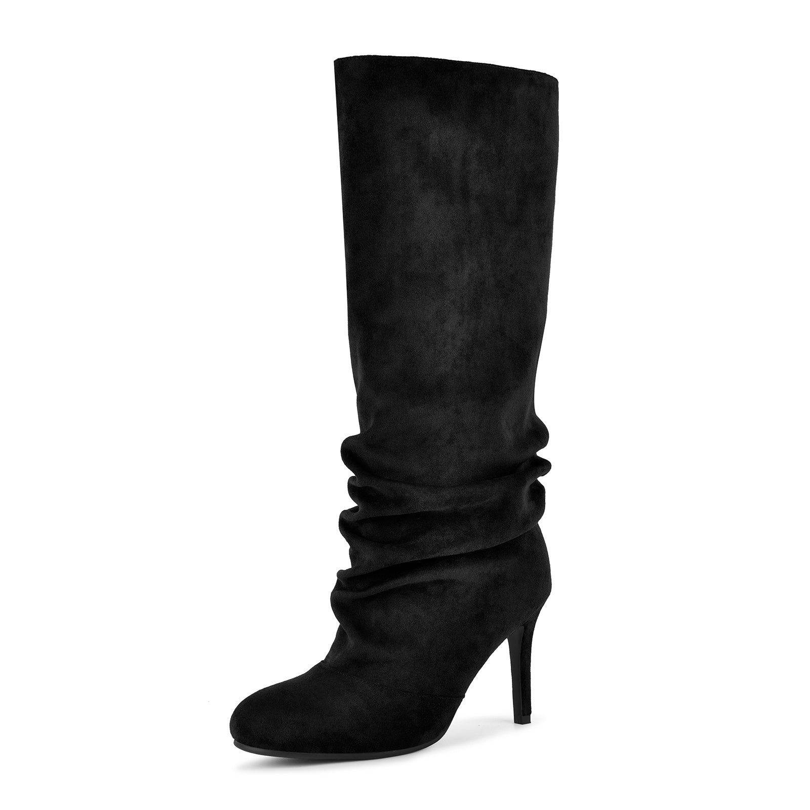 Suede Round Toe Ruched Stiletto Knee High Boots - Onlymaker