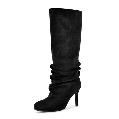 Suede Round Toe Ruched Stiletto Knee High Boots - Onlymaker
