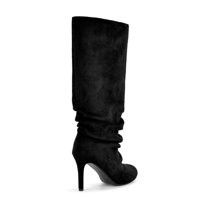 Suede Round Toe Ruched Stiletto Knee High Boots - Onlymaker