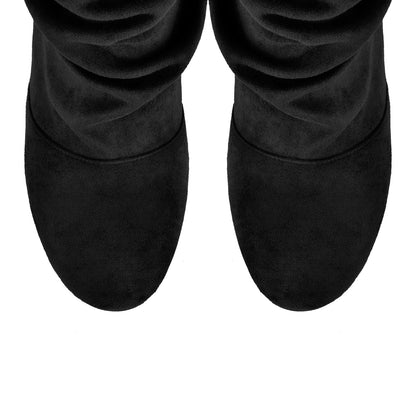 Suede Round Toe Ruched Stiletto Knee High Boots - Onlymaker