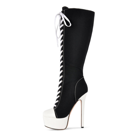 Round Toe Platform Canvas Lace-up Knee High Boots - Onlymaker
