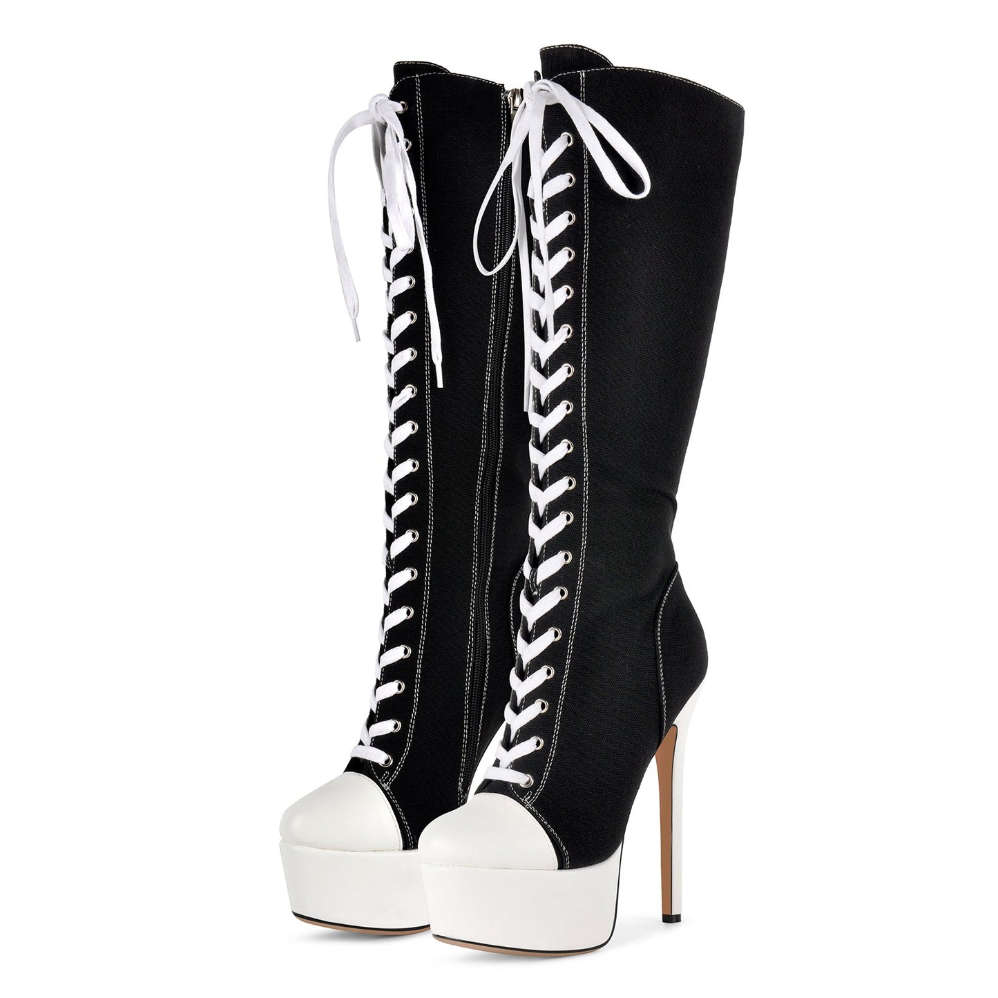 Round Toe Platform Canvas Lace-up Knee High Boots - Onlymaker