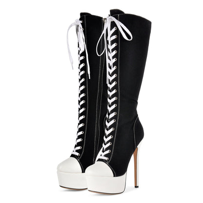 Round Toe Platform Canvas Lace-up Knee High Boots - Onlymaker