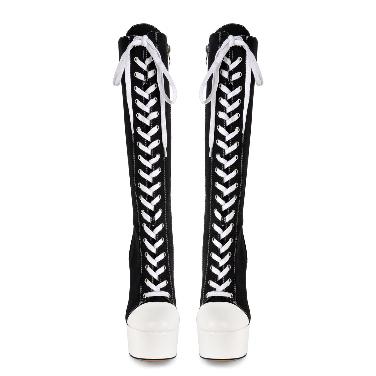 Round Toe Platform Canvas Lace-up Knee High Boots - Onlymaker