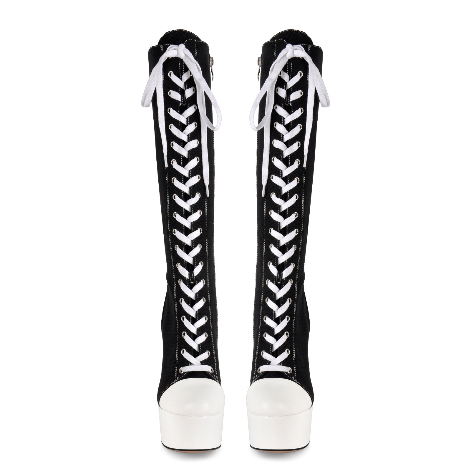 Round Toe Platform Canvas Lace-up Knee High Boots - Onlymaker