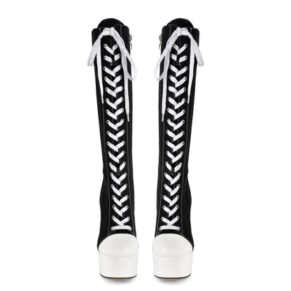 Round Toe Platform Canvas Lace-up Knee High Boots - Onlymaker