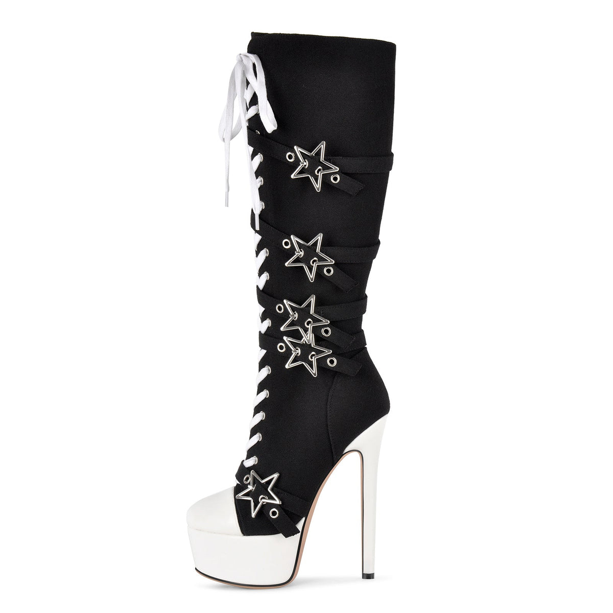 Platform Star Buckle Canvas Lace-up Knee High Boots - Onlymaker