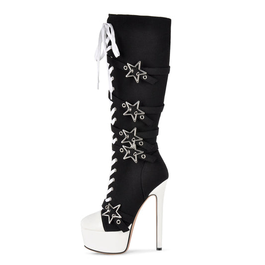 Platform Star Buckle Canvas Lace-up Knee High Boots - Onlymaker