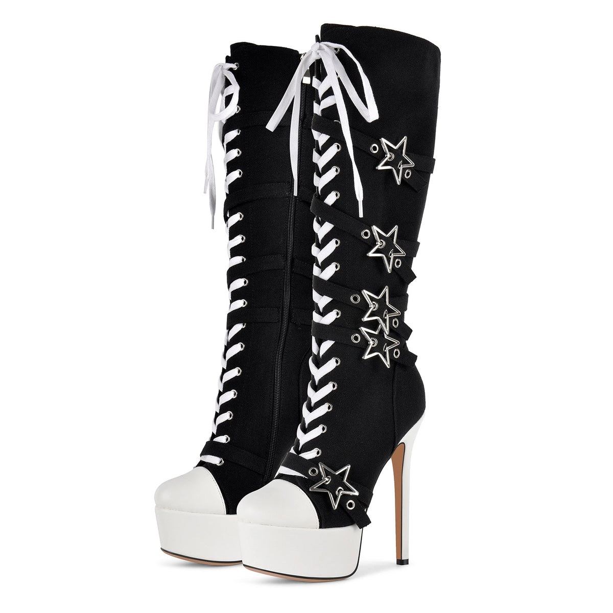 Platform Star Buckle Canvas Lace-up Knee High Boots - Onlymaker
