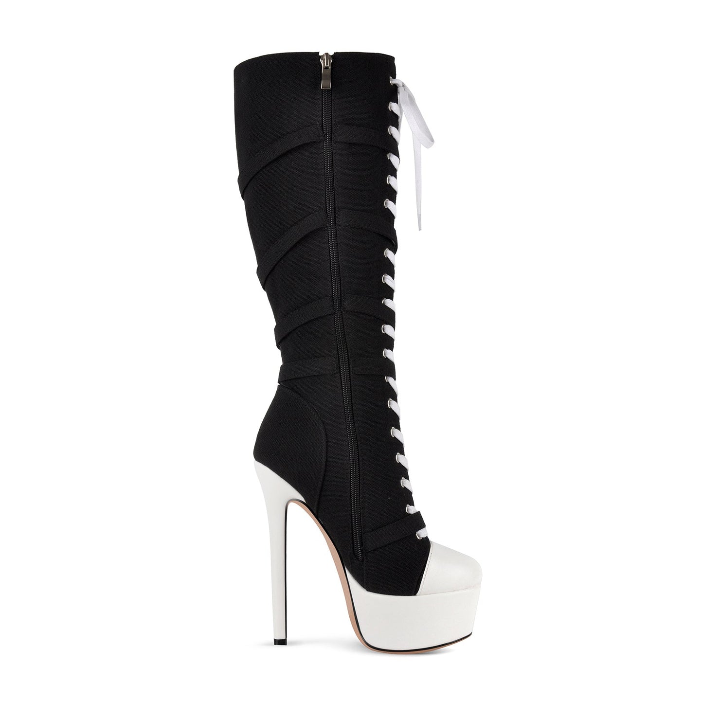 Platform Star Buckle Canvas Lace-up Knee High Boots - Onlymaker