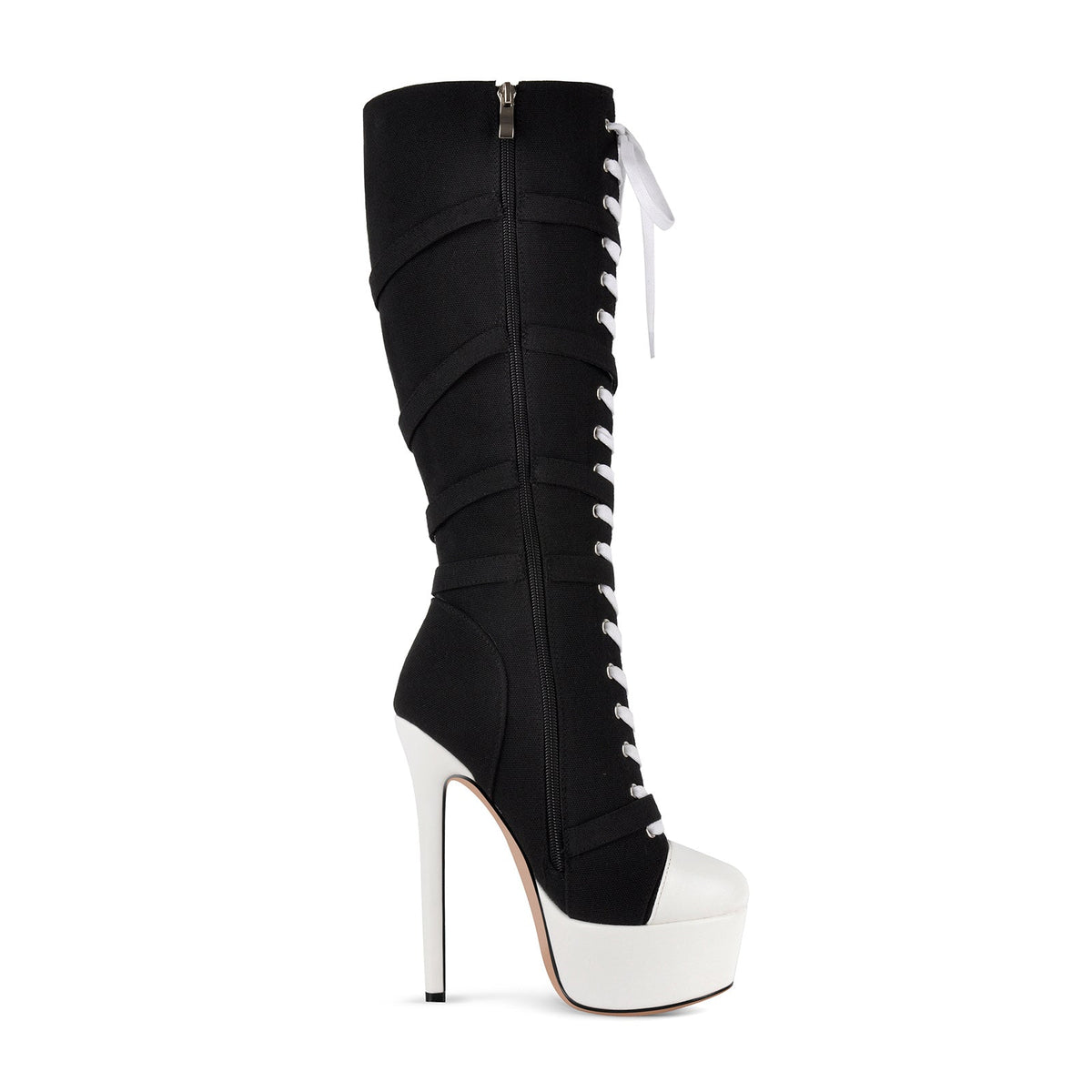 Platform Star Buckle Canvas Lace-up Knee High Boots - Onlymaker