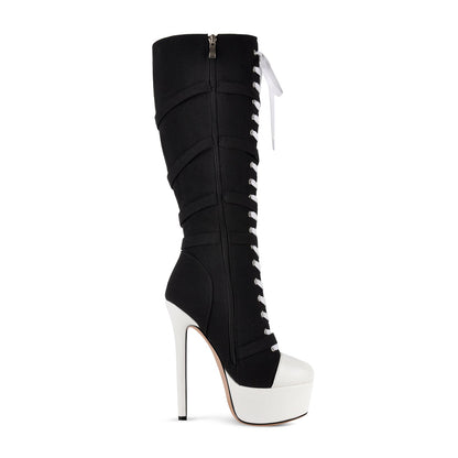 Platform Star Buckle Canvas Lace-up Knee High Boots - Onlymaker