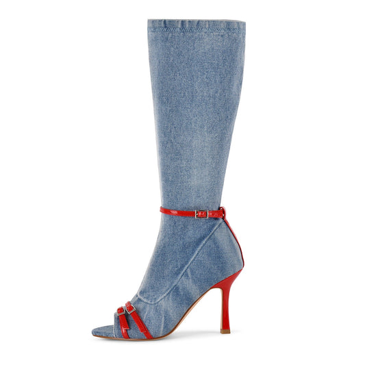 Denim Open Toe Buckle Stiletto Knee High Boots - Onlymaker