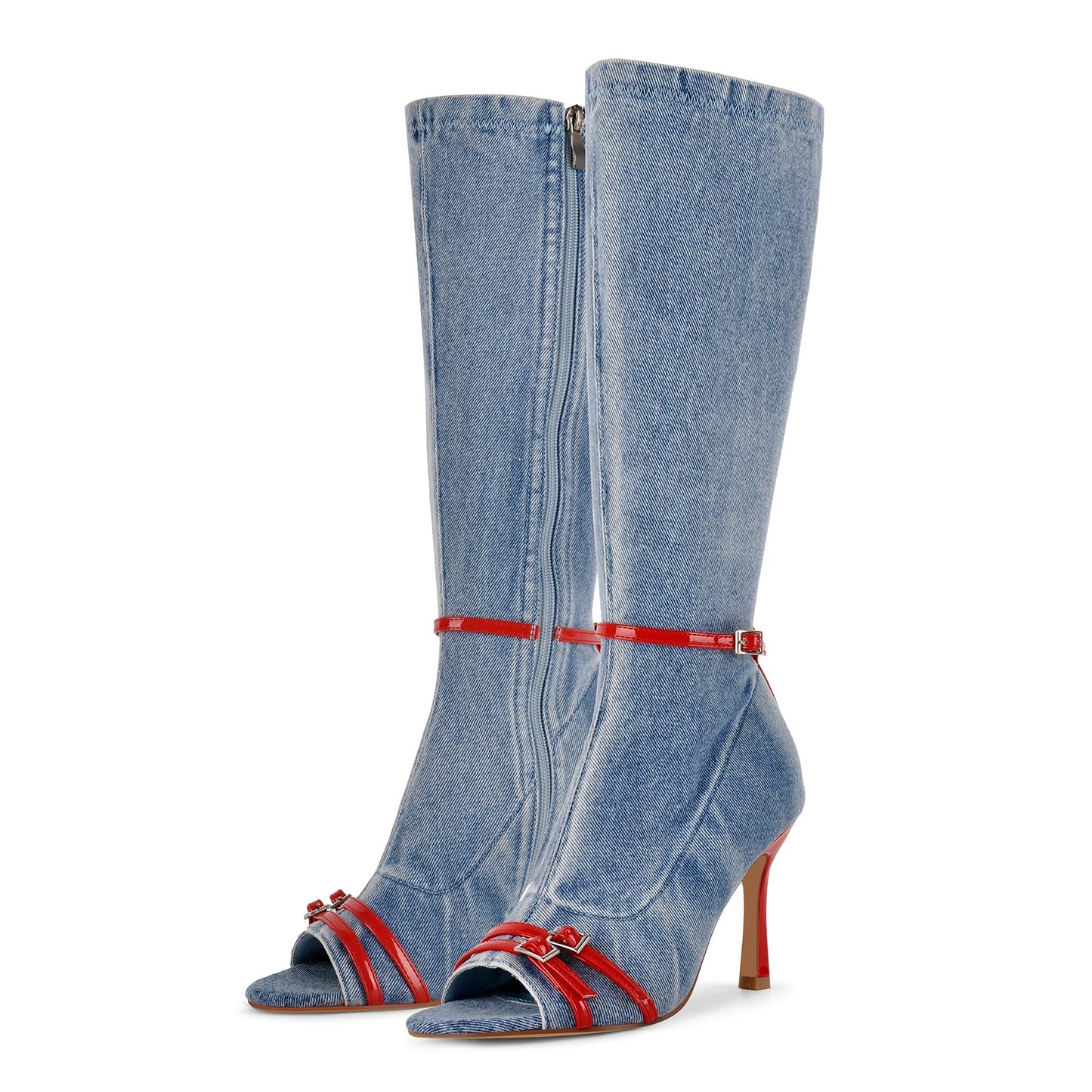 Denim Open Toe Buckle Stiletto Knee High Boots - Onlymaker