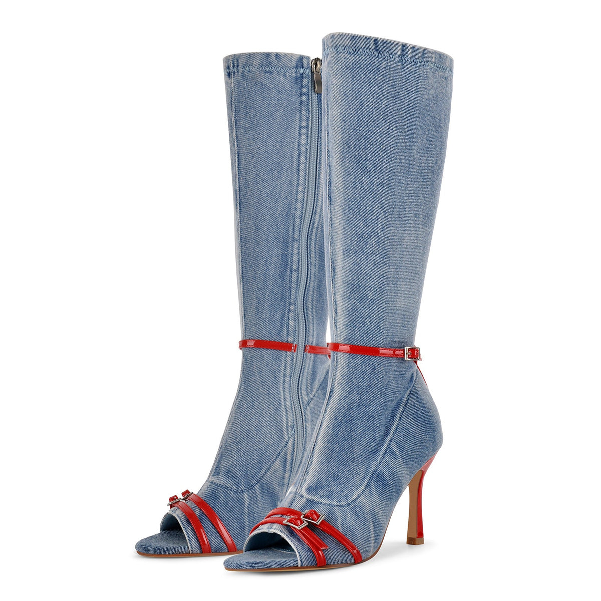 Denim Open Toe Buckle Stiletto Knee High Boots - Onlymaker