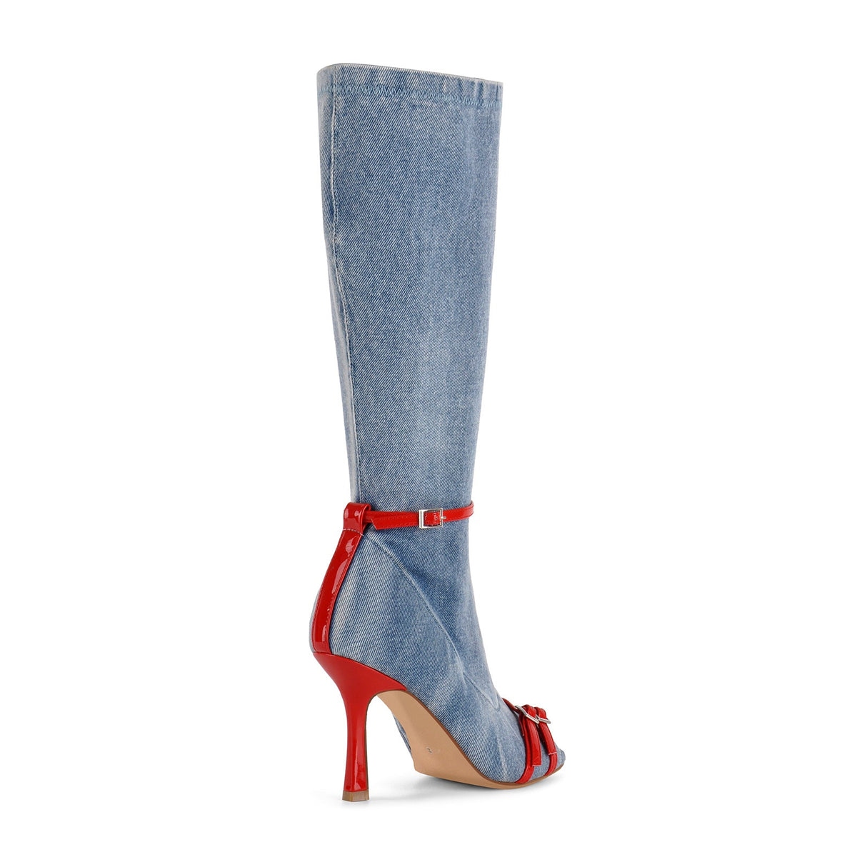 Denim Open Toe Buckle Stiletto Knee High Boots - Onlymaker